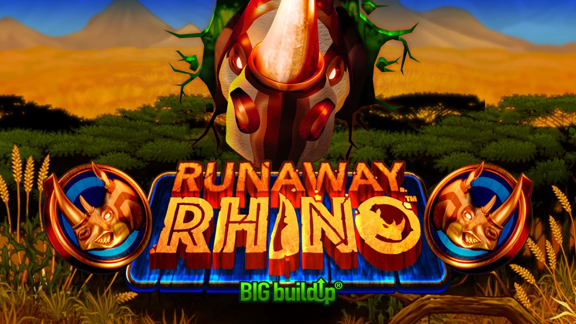 The promotional header for Runaway Rhino™, an online slot game on Betty.ca.