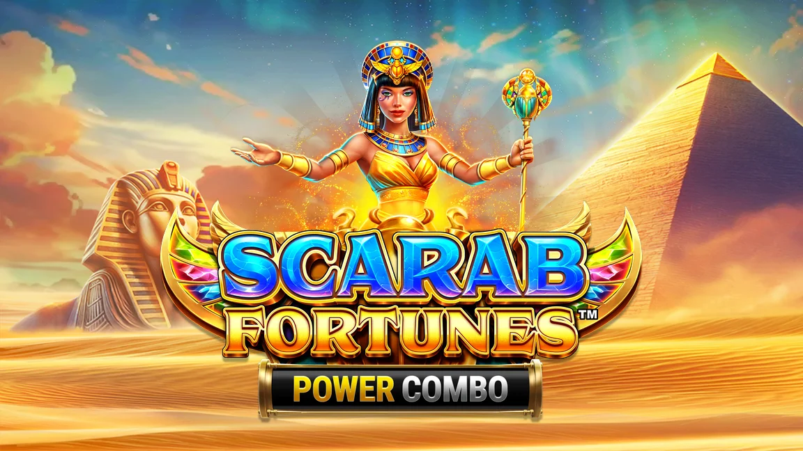 The promotional header for Scarab Fortunes™ Power Combo, an online slot game on Betty.ca.
