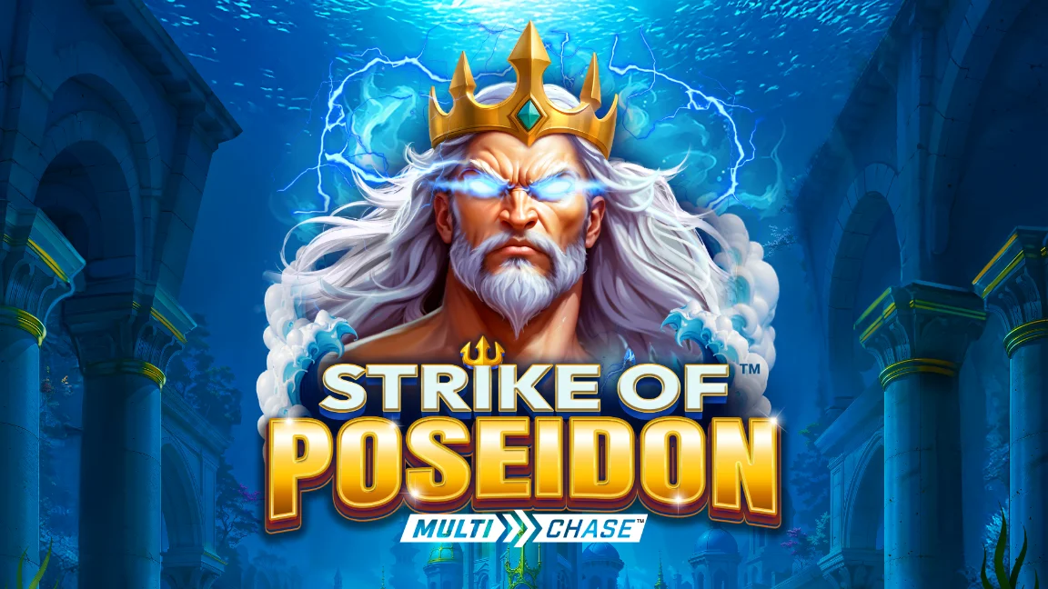The promotional header for Strike of Poseidon MultiChase, an online slot game on Betty.ca.