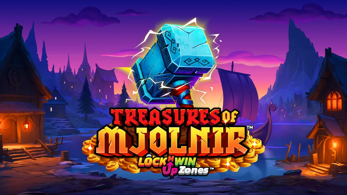The promotional header for Treasures of Mjolnir, an online slot game on Betty.ca.