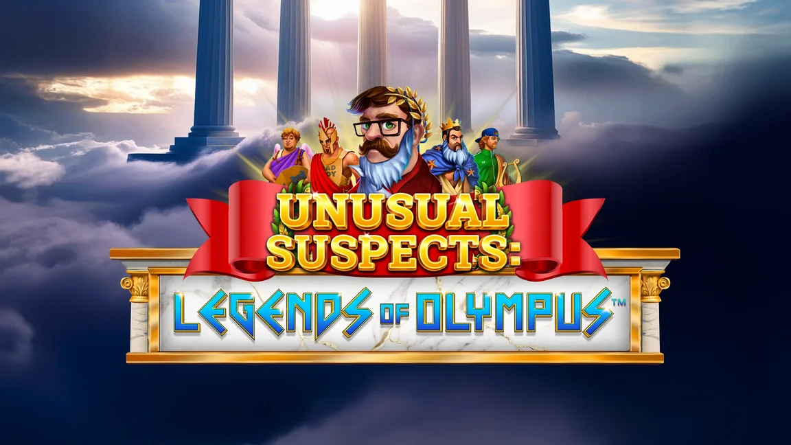 The promotional header for Unusual Suspects: Legends of Olympus™, an online slot game on Betty.ca.