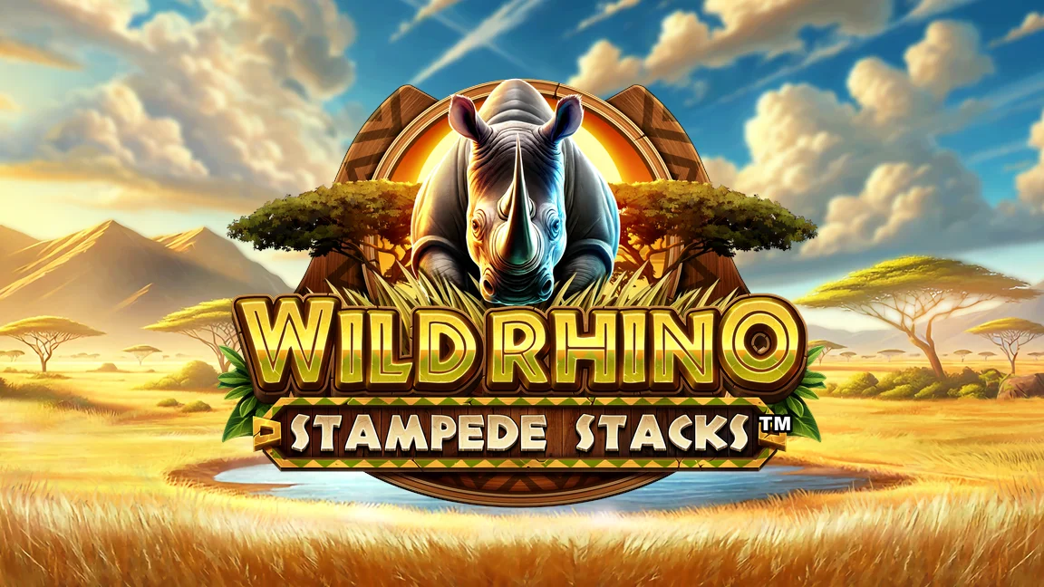 The promotional header for Wild Rhino Stampede Stacks™, an online slot game on Betty.ca.