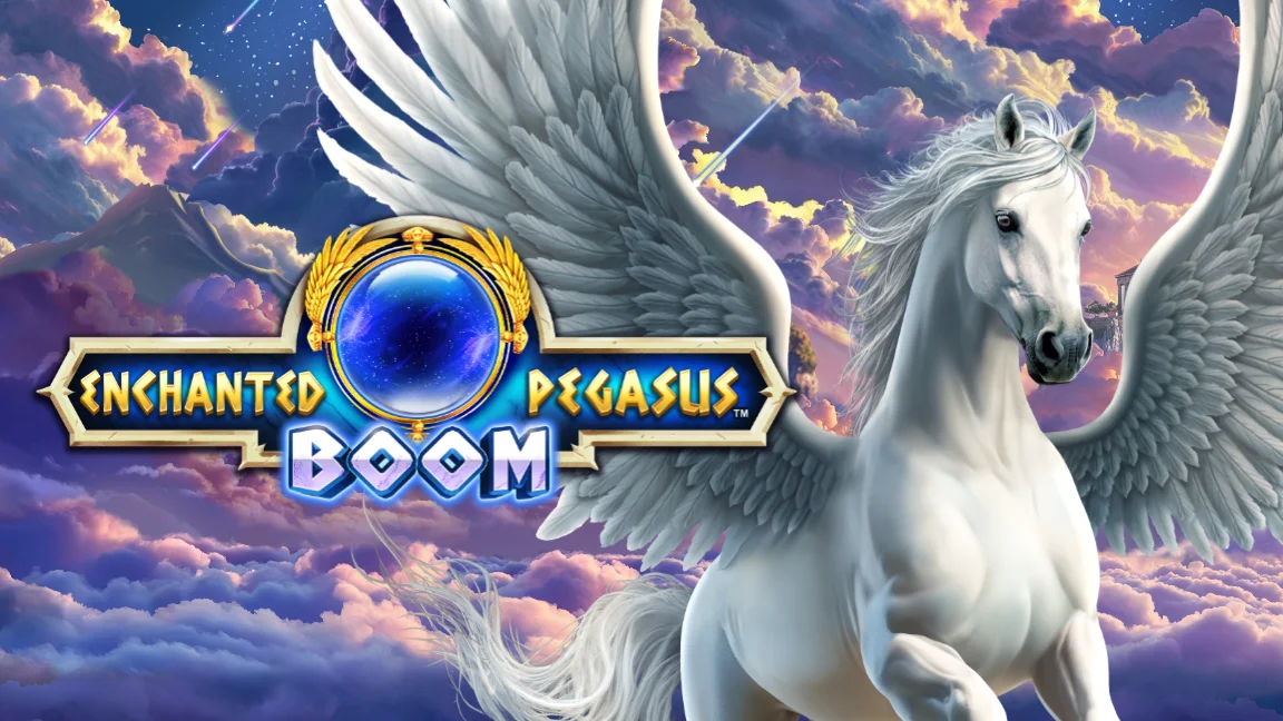 The promotional header for Enchanted Pegasus™ BOOM, an online slot game on Betty.ca.