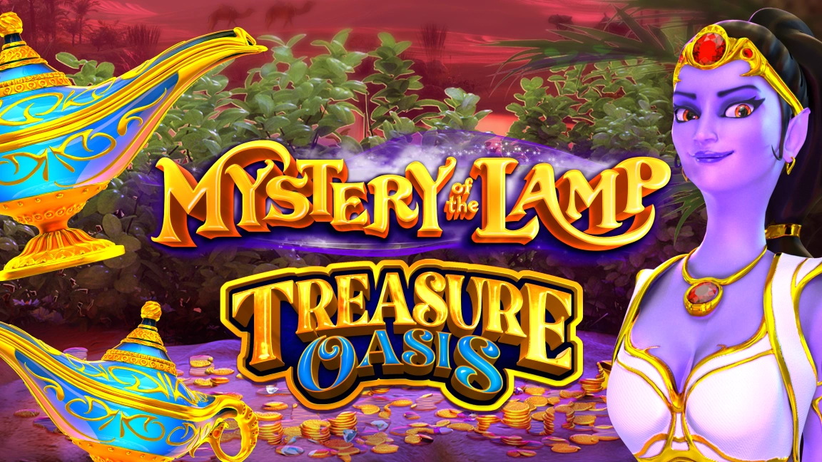 The promotional header for Mystery of the Lamp Treasure Oasis, an online slot game on Betty.ca.