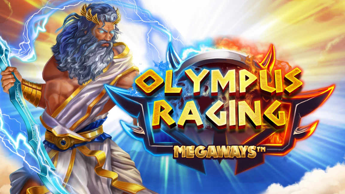 The promotional header for Olympus Raging Megaways, an online slot game on Betty.ca.