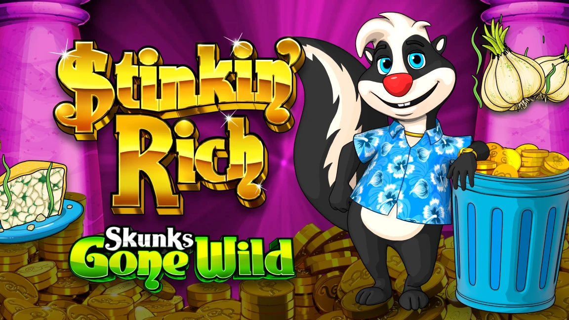 The promotional header for Stinkin' Rich: Skunks Gone Wild, an online slot game on Betty.ca.