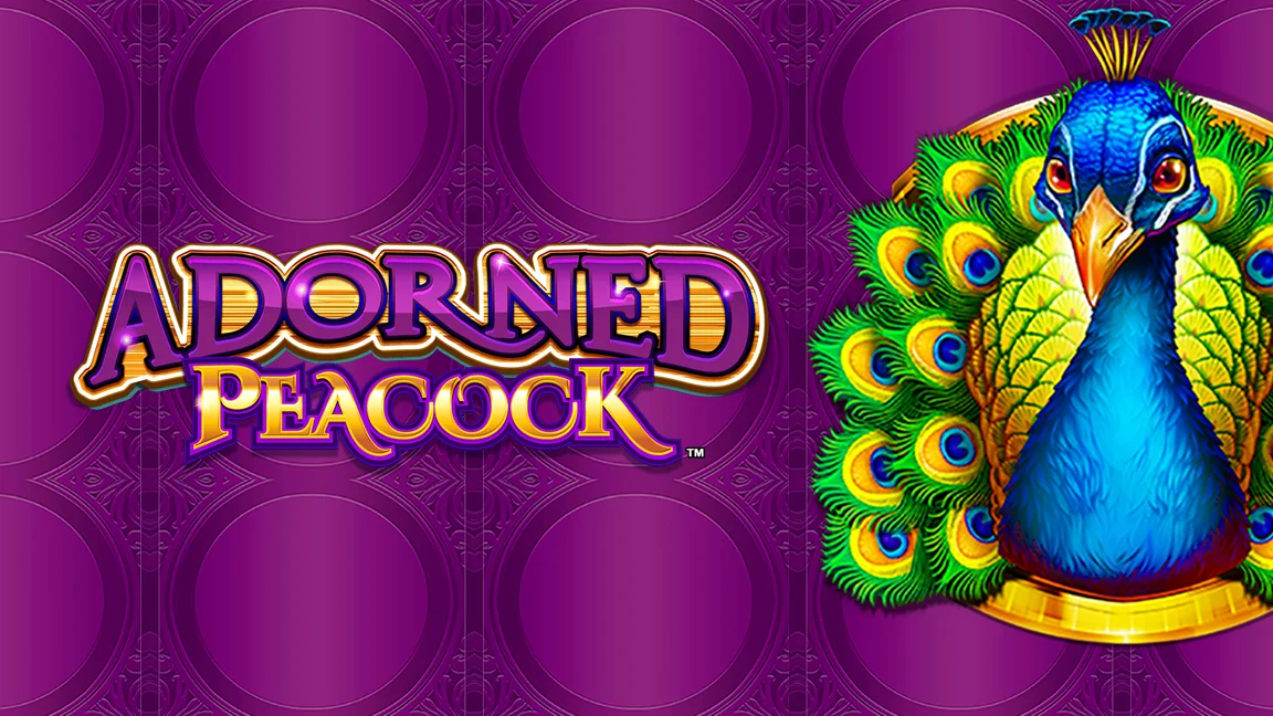 The promotional header for Adorned Peacock, an online slot game on Betty.ca.