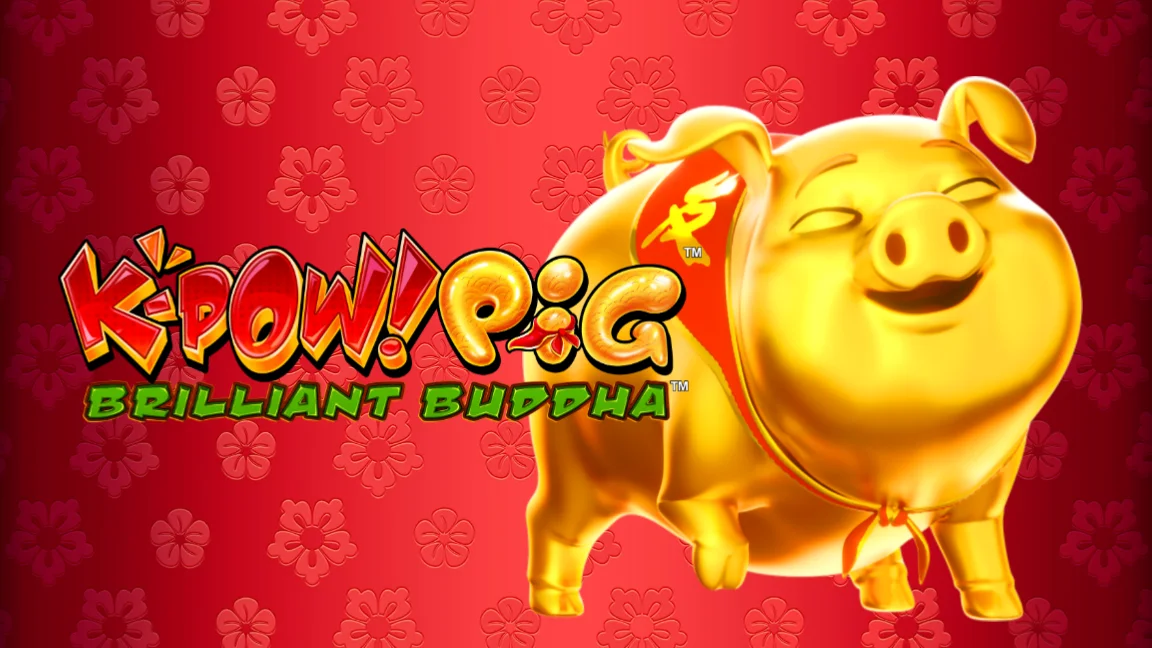 The promotional header for K-Pow! Pig Brilliant Buddha, an online slot game on Betty.ca.