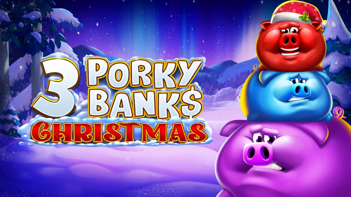 The promotional header for 3 Porky Banks Christmas, an online slot game on Betty.ca.