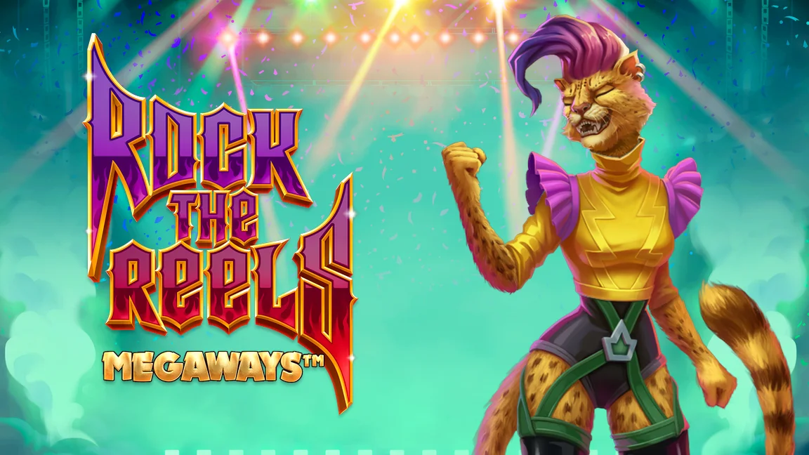 The promotional header for Rock The Reels Megaways, an online slot game on Betty.ca.