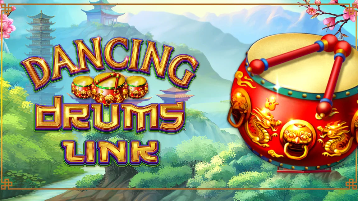 The promotional header for Dancing Drums Link, an online slot game on Betty.ca.
