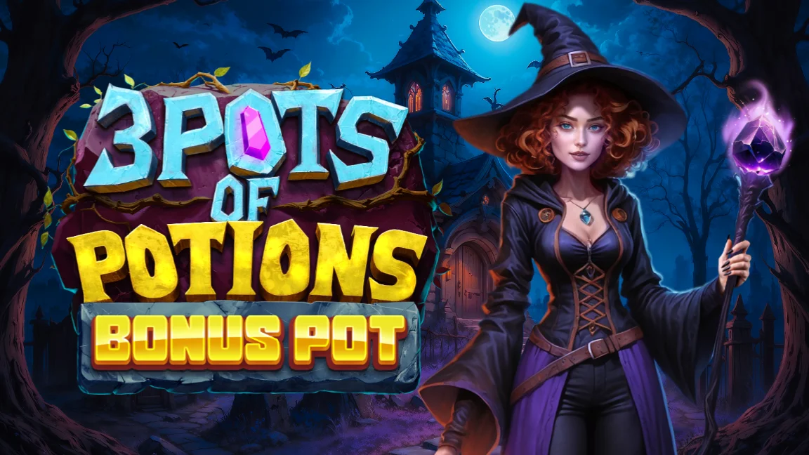 The promotional header for 3 Pots of Potions Bonus Pot, an online slot game on Betty.ca.