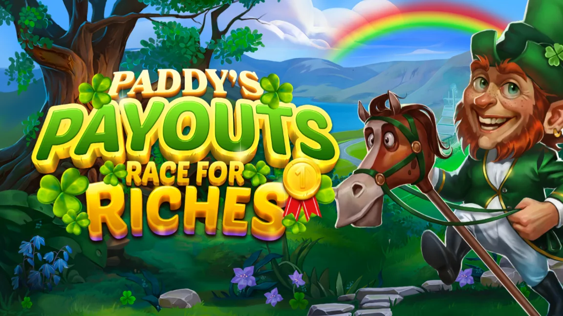 The promotional header for Paddy's Payouts Race for Riches, an online slot game on Betty.ca.