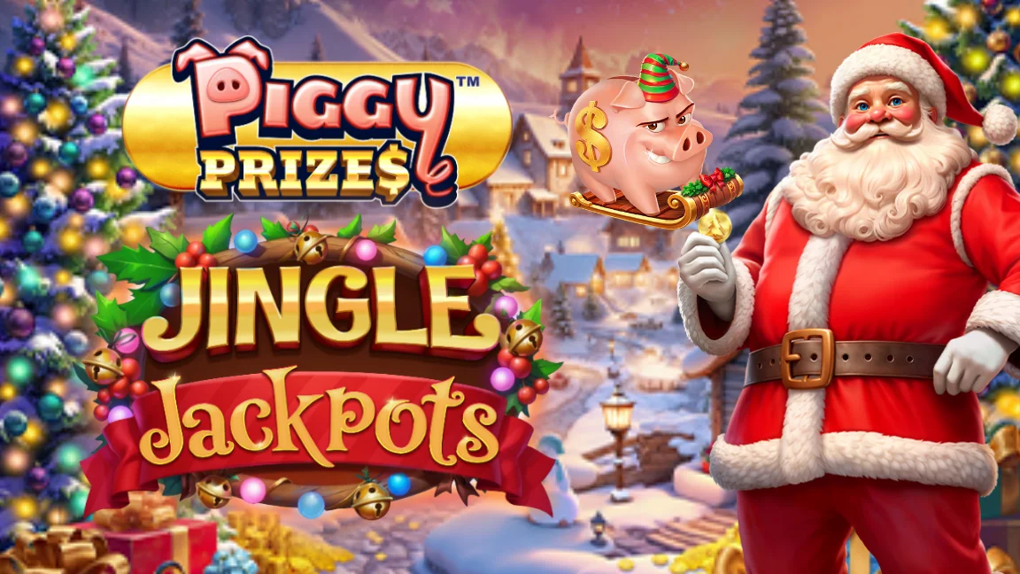 The promotional header for Piggy Prizes™ Jingle Jackpots™ Buy Bonus, an online slot game on Betty.ca.