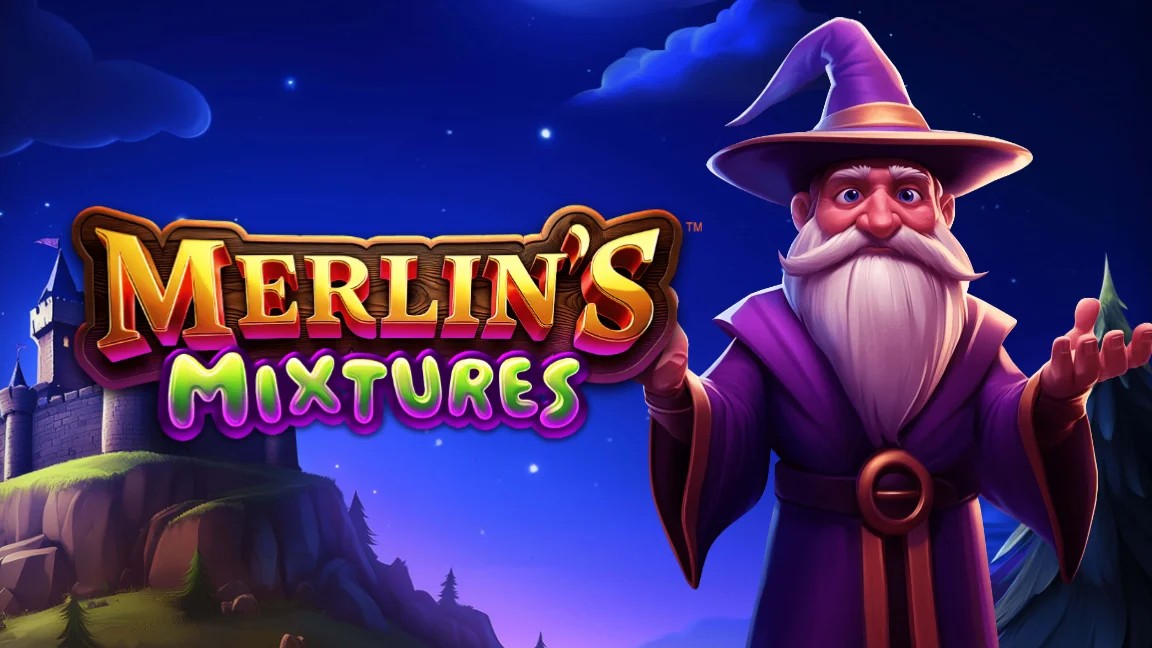 The promotional header for Merlin’s Mixtures, an online slot game on Betty.ca.