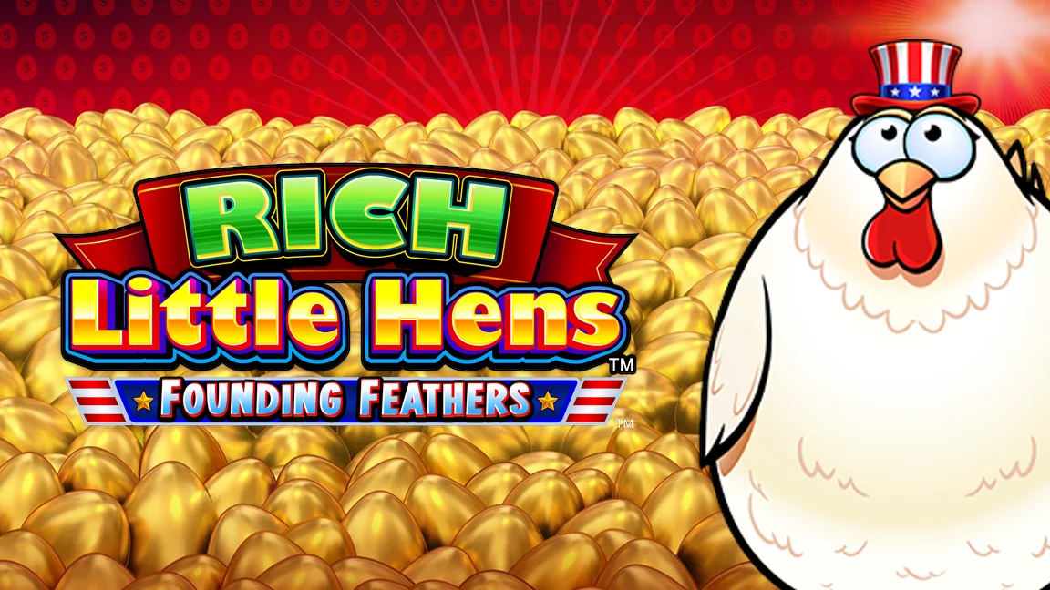 The promotional header for Rich Little Hens - Founding Feathers, an online slot game on Betty.ca.