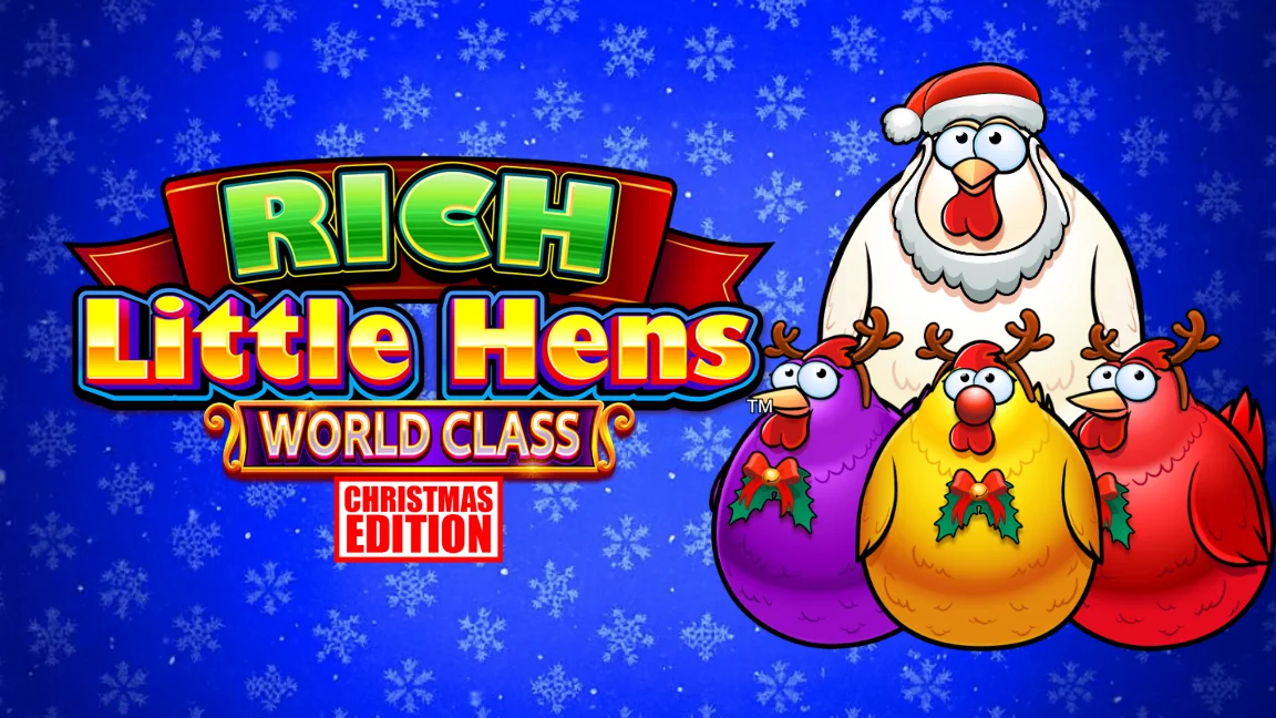 The promotional header for Rich Little Hens World Class Xmas Edition, an online slot game on Betty.ca.