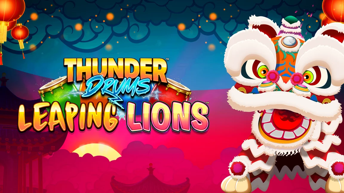 The promotional header for Thunder Drums Leaping Lions, an online slot game on Betty.ca.