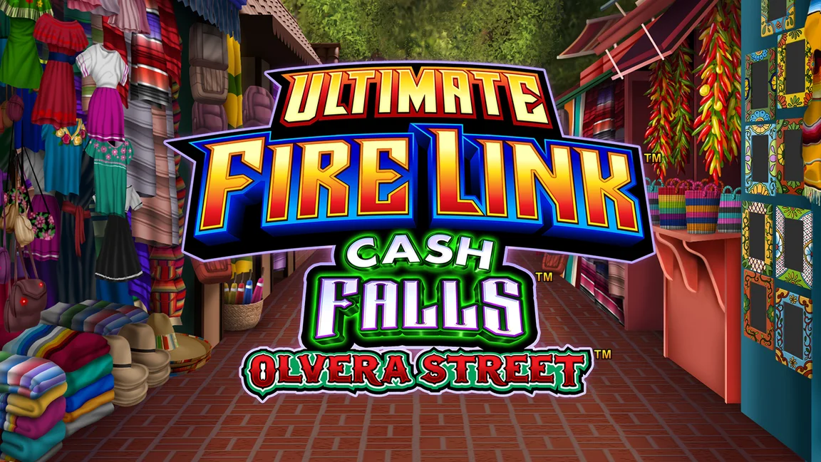 The promotional header for Ultimate Fire Link Cash Falls Olvera Street, an online slot game on Betty.ca.