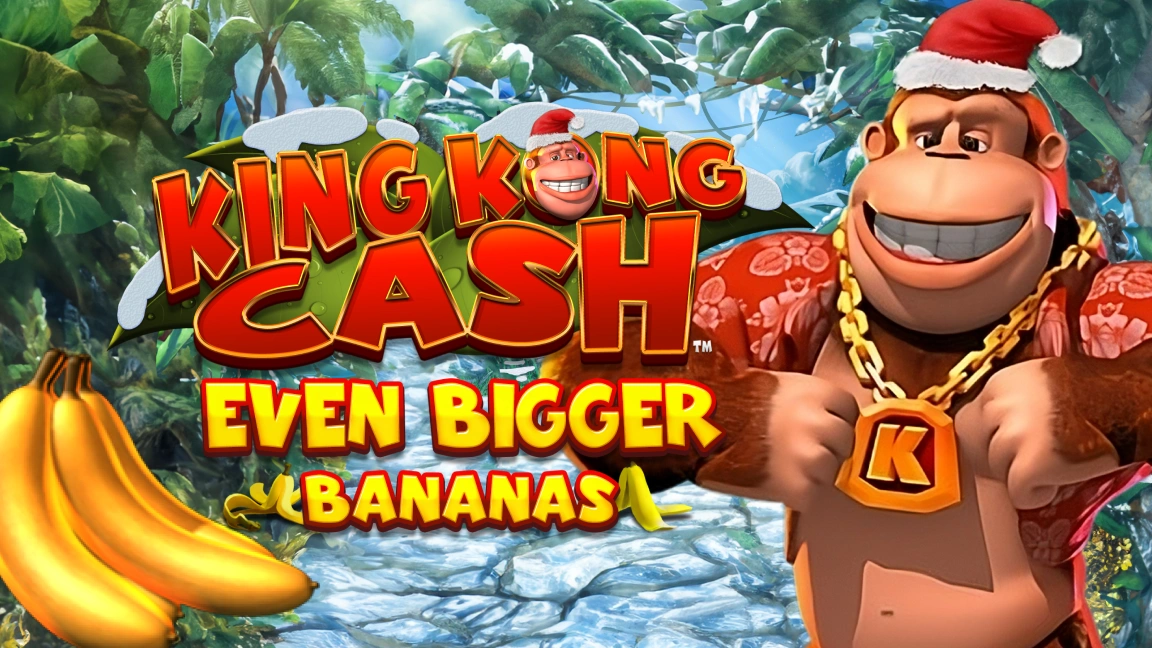 The promotional header for King Kong Cash Even Bigger Bananas Christmas, an online slot game on Betty.ca.