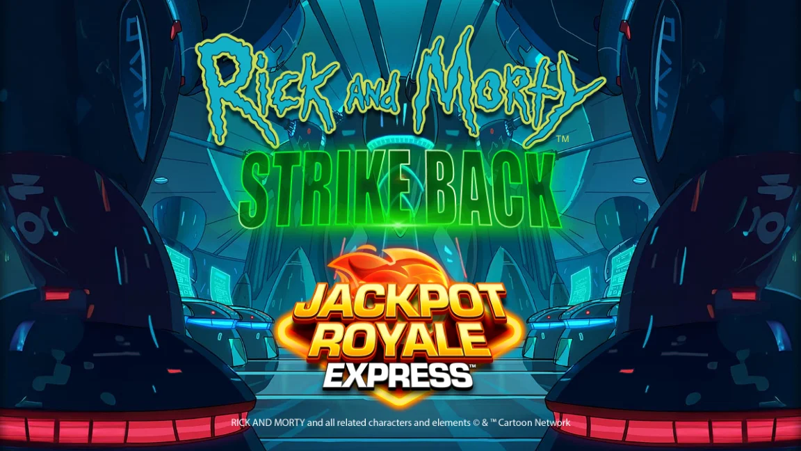 The promotional header for Rick And Morty Strike Back Jackpot Royale Express, an online slot game on Betty.ca.
