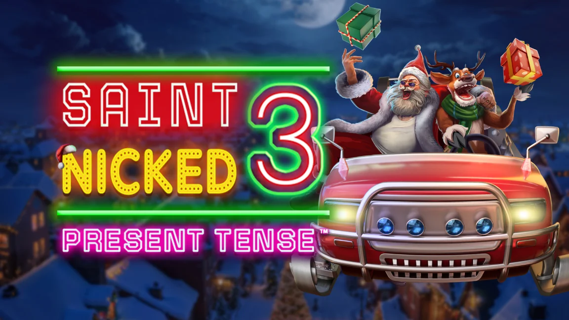 The promotional header for Saint Nicked 3 Present Tense, an online slot game on Betty.ca.