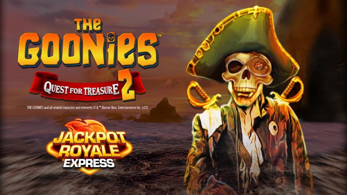 The promotional header for The Goonies Quest For Treasure 2 Jackpot Royale Express, an online slot game on Betty.ca.