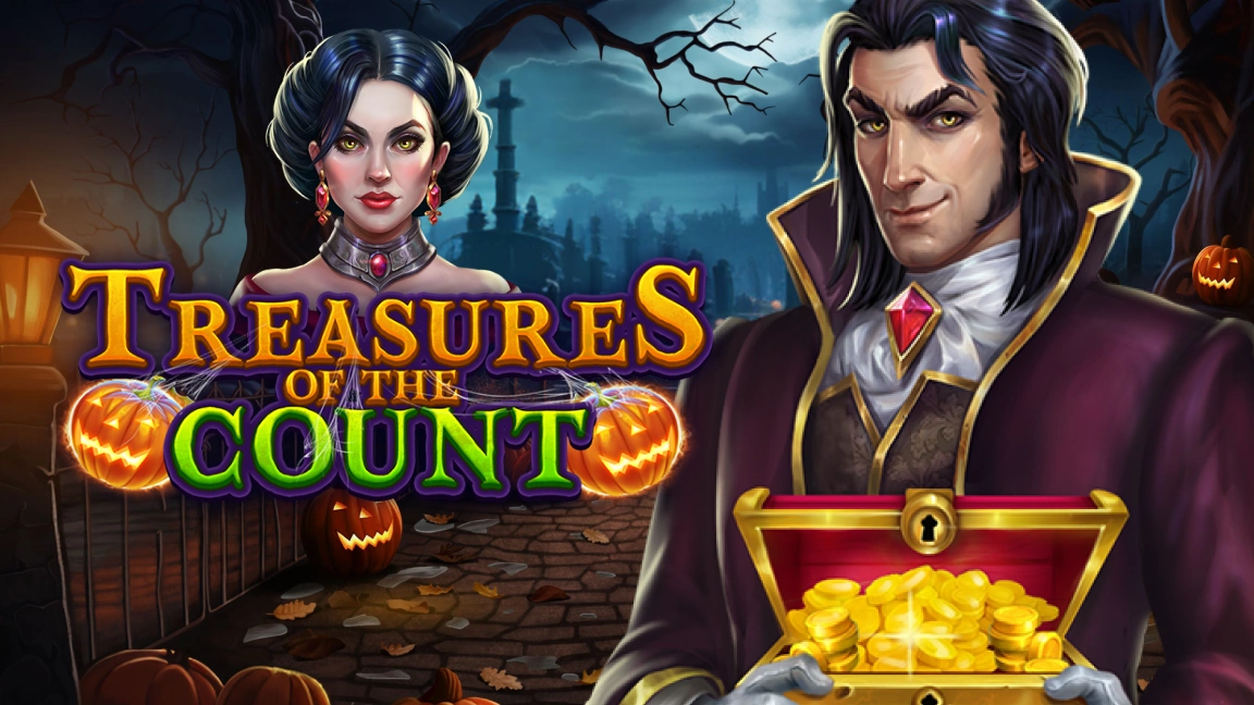 The promotional header for Treasures of The Count, an online slot game on Betty.ca.