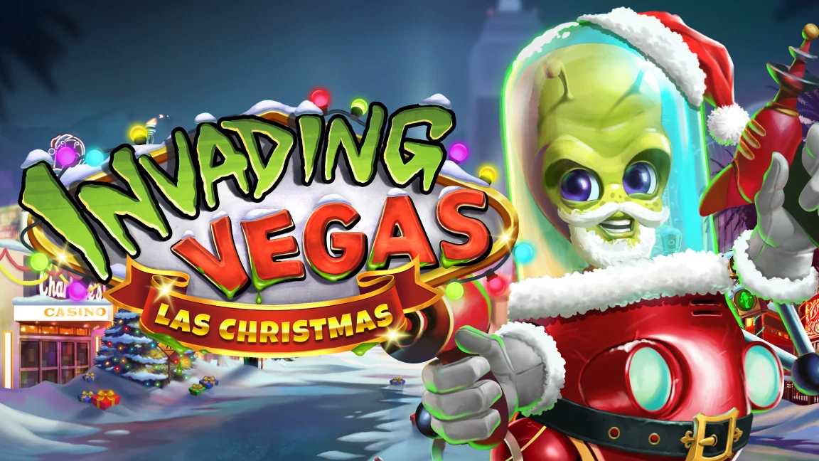 The promotional header for Invading Vegas: Las Christmas, an online slot game on Betty.ca.