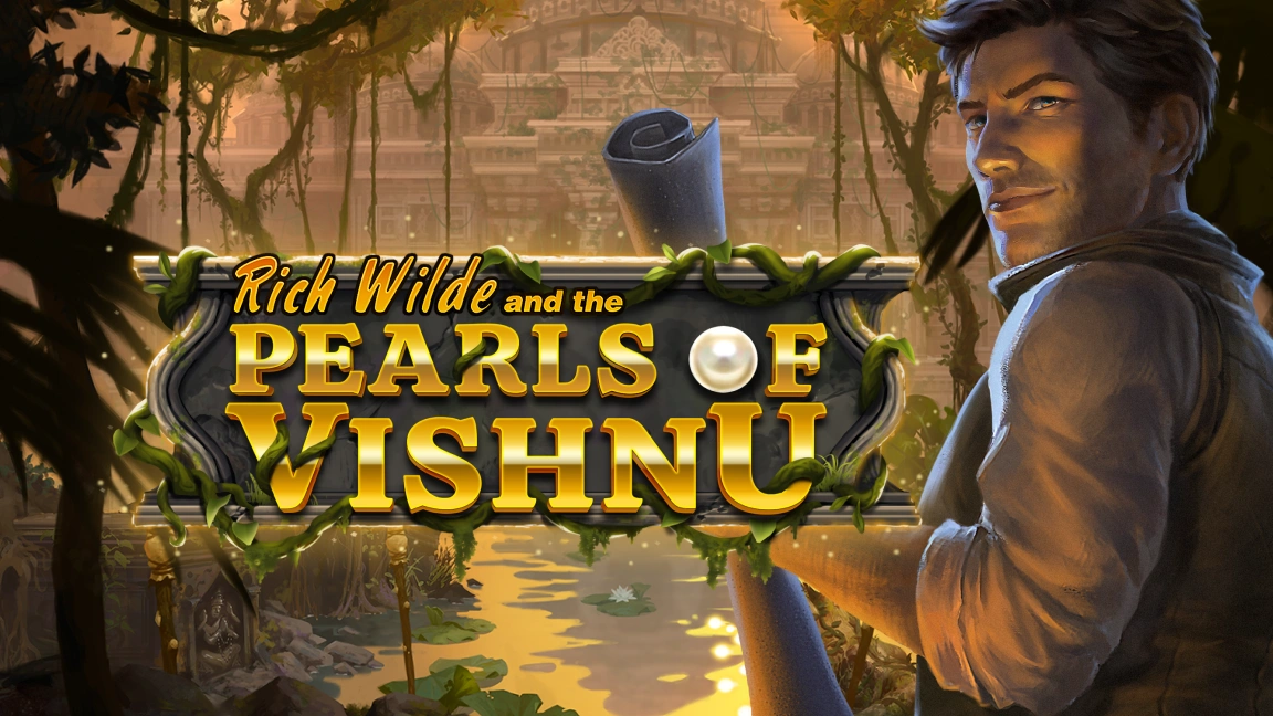 The promotional header for Rich Wild and the Pearls of Vishnu, an online slot game on Betty.ca.