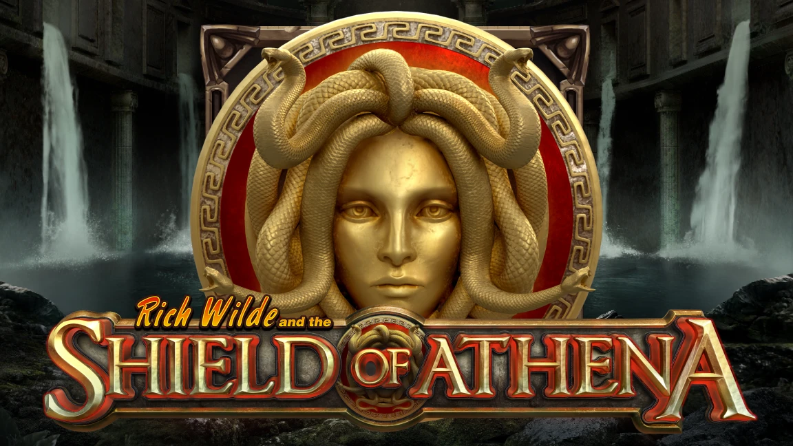 The promotional header for Rich Wilde and the Shield of Athena, an online slot game on Betty.ca.