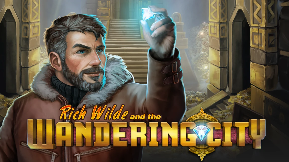 The promotional header for Rich Wilde and the Wandering City, an online slot game on Betty.ca.