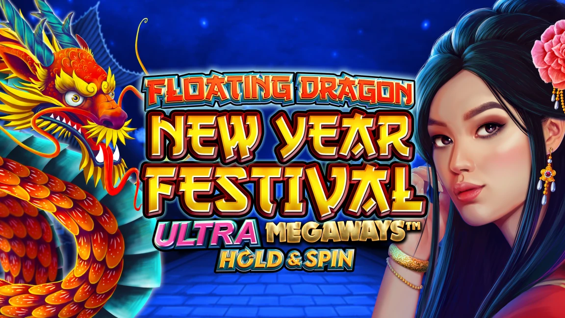 The promotional header for Floating Dragon New Year Festival Ultra Megaways Hold & Spin, an online slot game on Betty.ca.