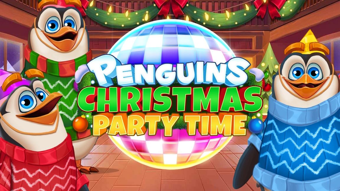 The promotional header for Penguins Christmas Party Time, an online slot game on Betty.ca.