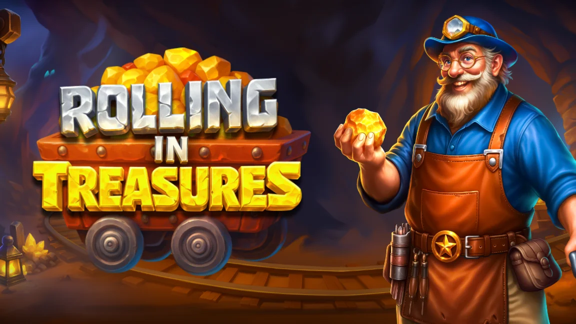 The promotional header for Rolling in Treasures, an online slot game on Betty.ca.