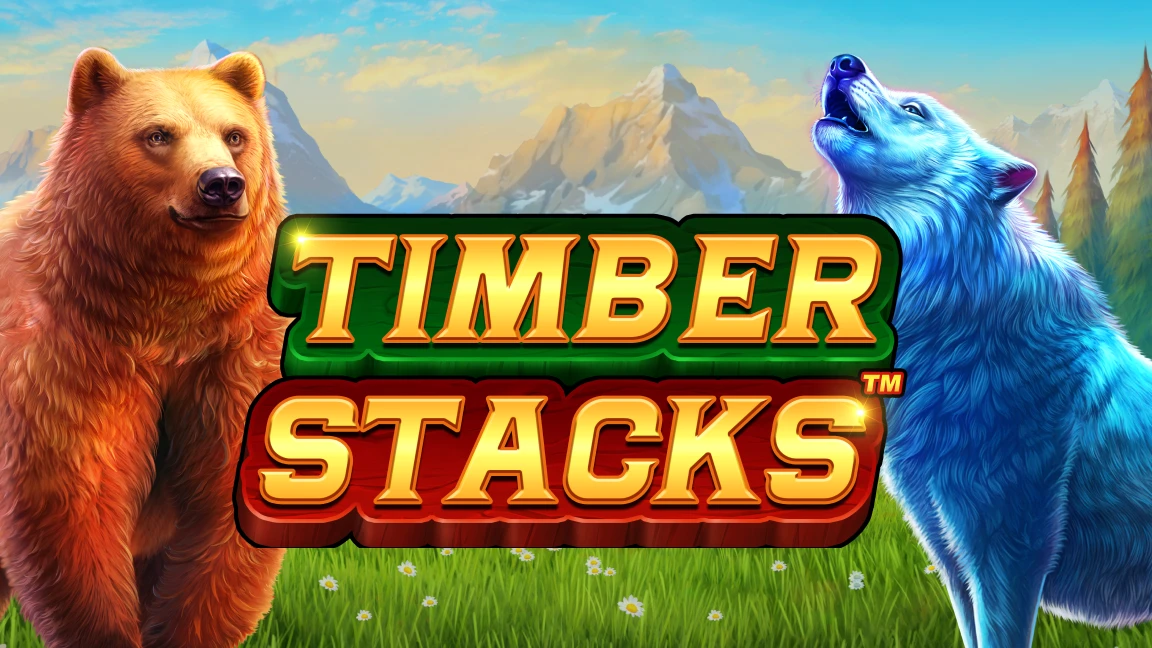 The promotional header for Timber Stacks, an online slot game on Betty.ca.