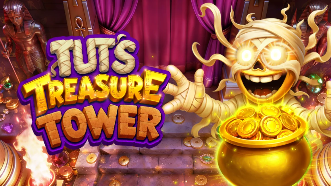 The promotional header for Tut’s Treasure Tower, an online slot game on Betty.ca.