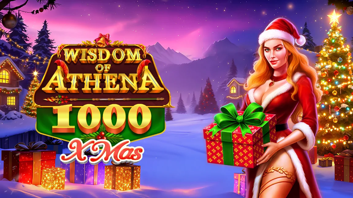 The promotional header for Wisdom of Athena 1000 Xmas, an online slot game on Betty.ca.