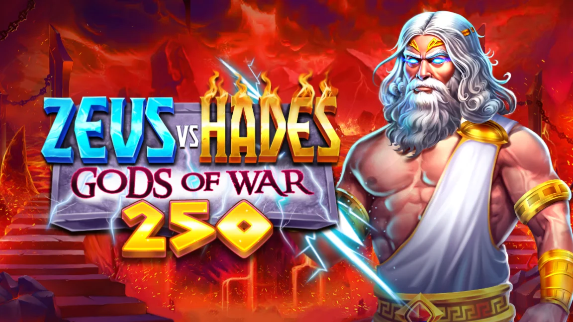 The promotional header for Zeus vs Hades - Gods of War 250, an online slot game on Betty.ca.