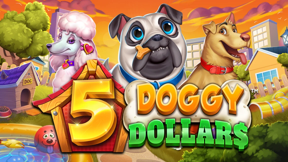The promotional header for 5 Doggy Dollars, an online slot game on Betty.ca.