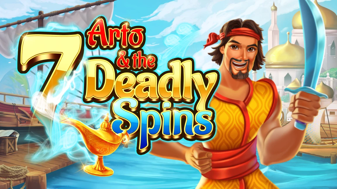 The promotional header for Arto And The Seven Deadly Spins, an online slot game on Betty.ca.