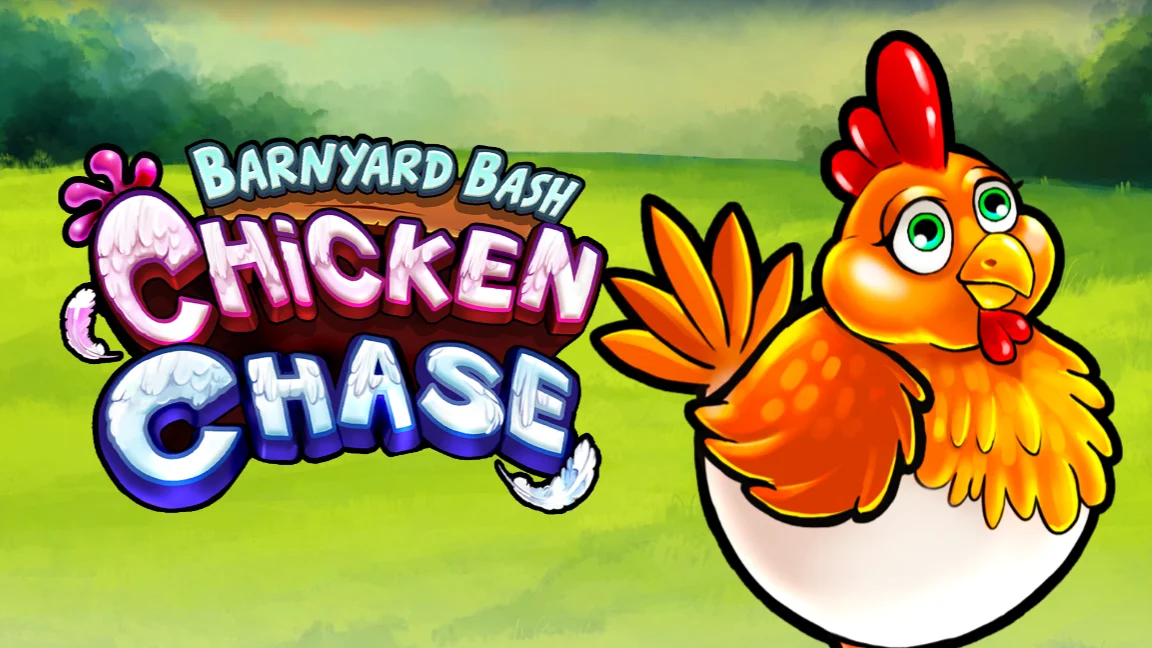 The promotional header for Barnyard Bash: Chicken Chase, an online slot game on Betty.ca.
