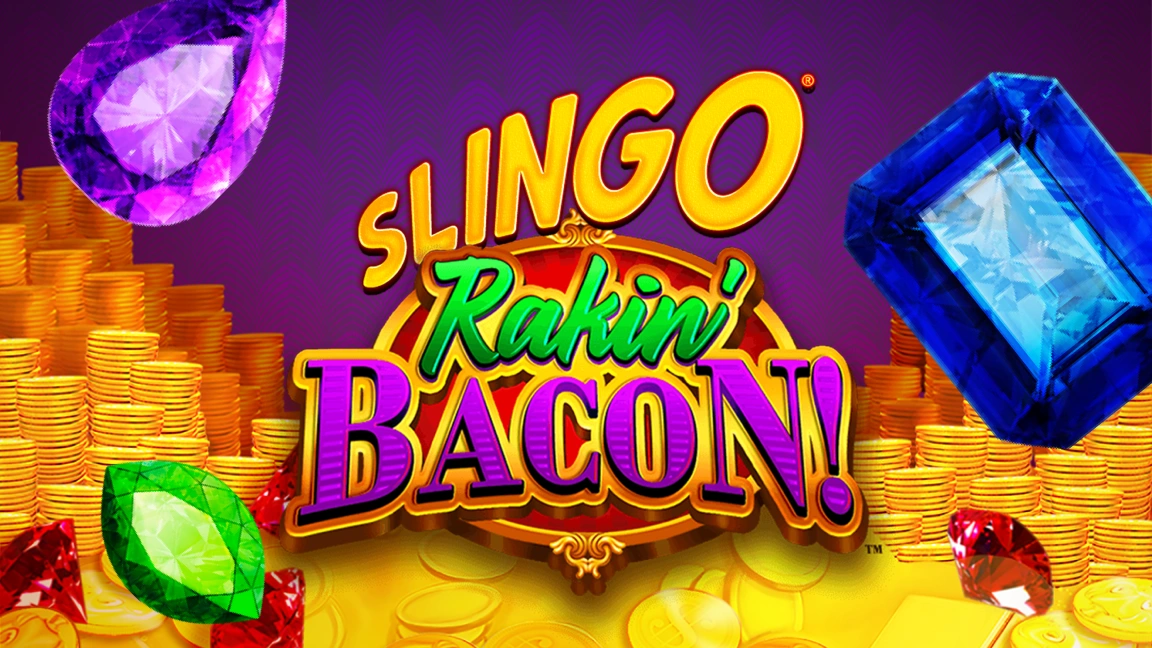 The promotional header for Slingo Rakin' Bacon, an online slot game on Betty.ca.