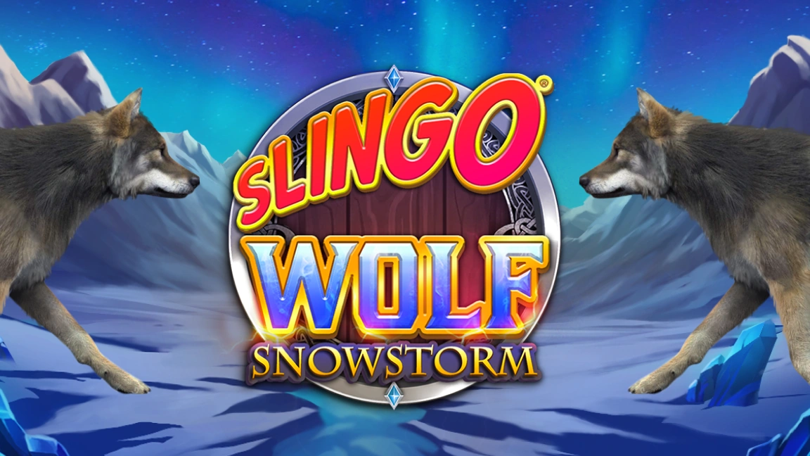 The promotional header for Slingo Wolf Snowstorm, an online slot game on Betty.ca.