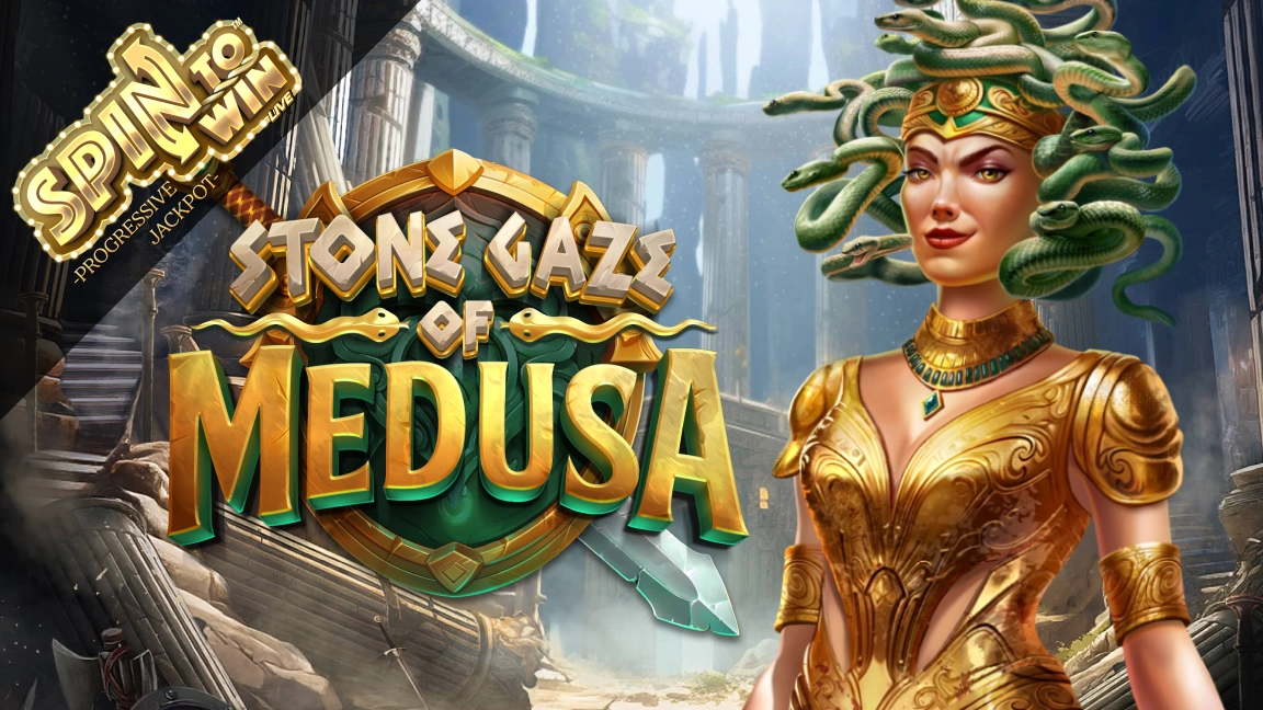 The promotional header for Stone Gaze Of Medusa, an online slot game on Betty.ca.