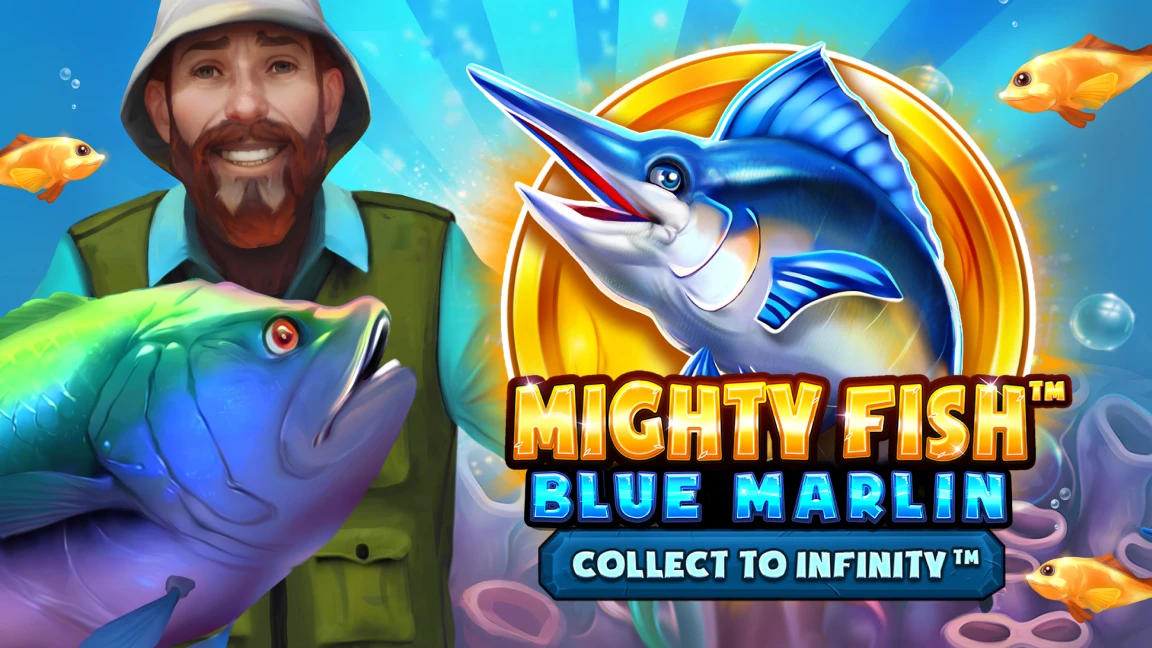 The promotional header for Mighty Fish™: Blue Marlin, an online slot game on Betty.ca.