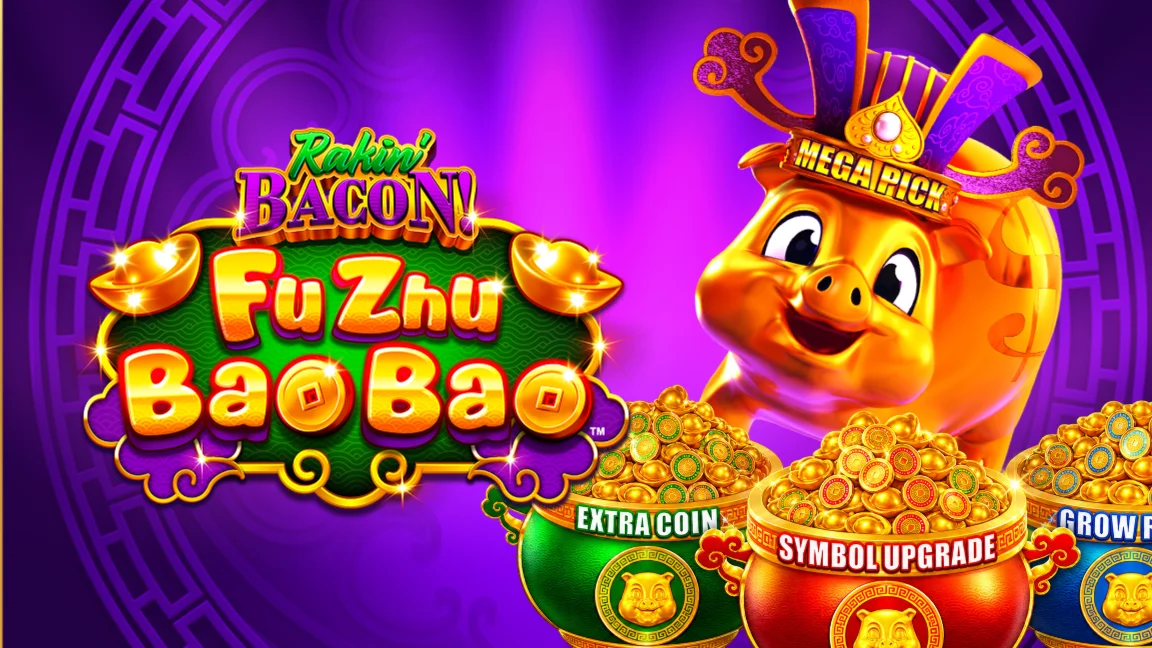 The promotional header for Rakin’ Bacon Fu Zhu Bao Bao, an online slot game on Betty.ca.