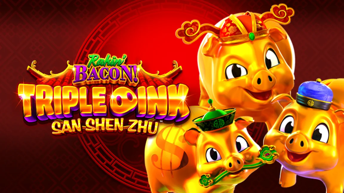 The promotional header for Rakin' Bacon Triple Oink San Shen Zhu, an online slot game on Betty.ca.