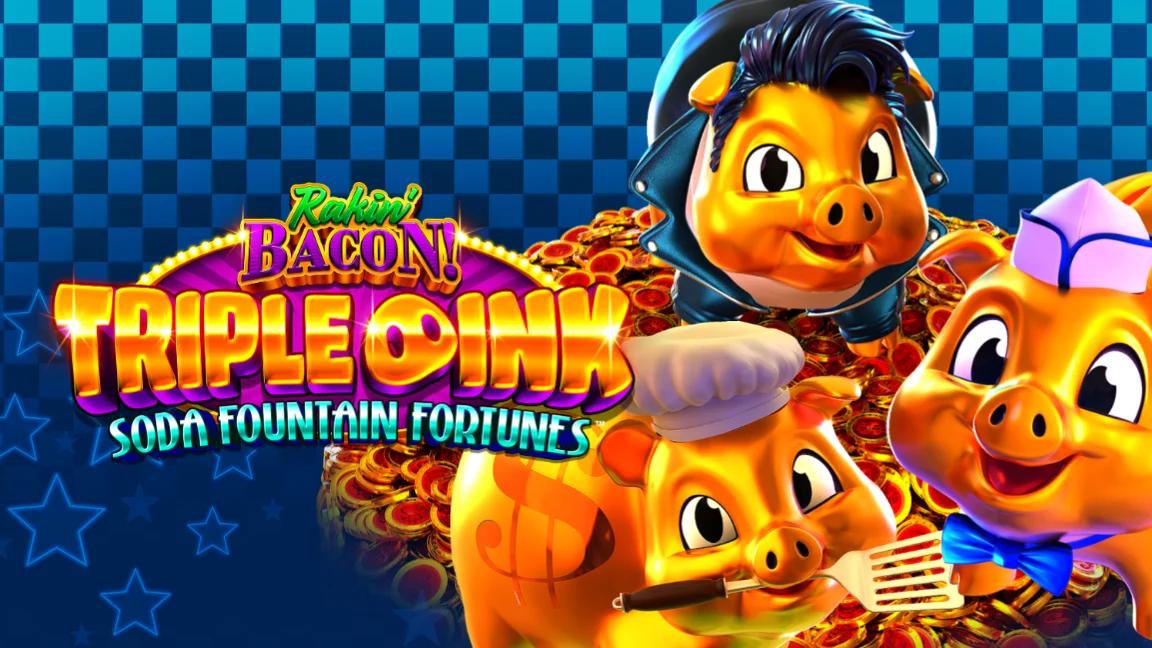 The promotional header for Rakin' Bacon Triple Oink Soda Fountain Fortunes, an online slot game on Betty.ca.