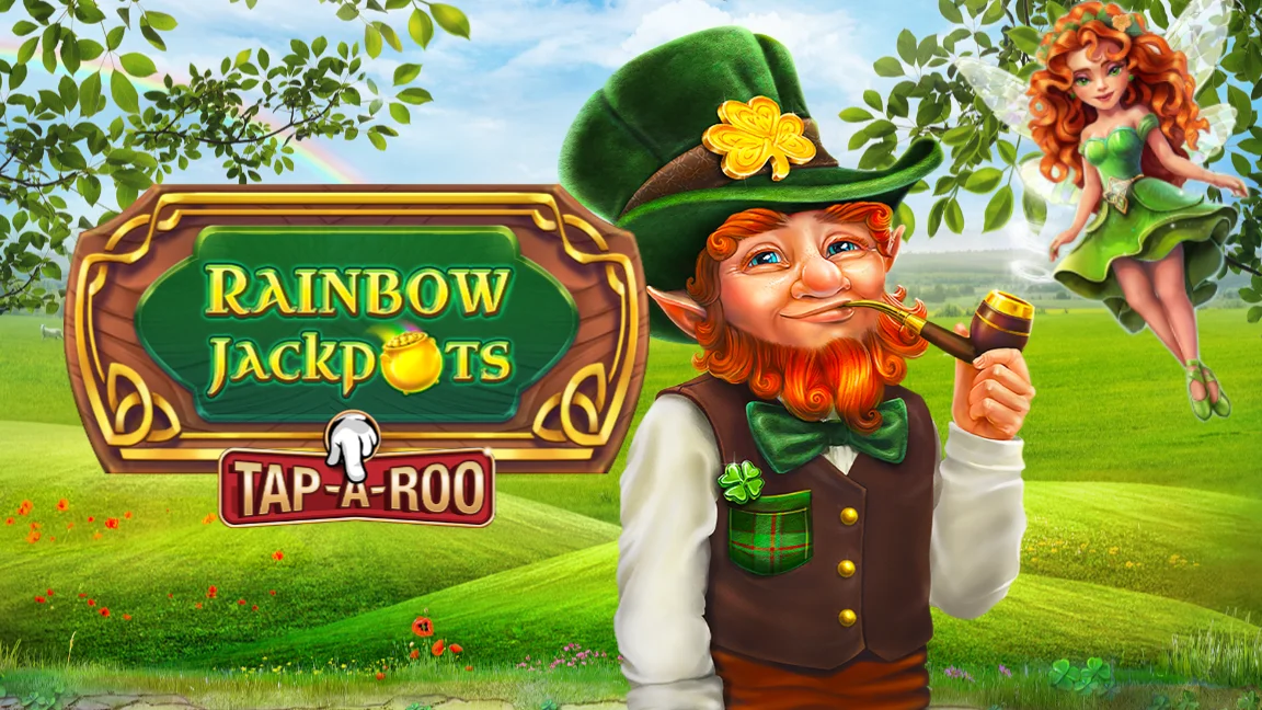 The promotional header for Rainbow Jackpots Tap-A-Roo, an online slot game on Betty.ca.